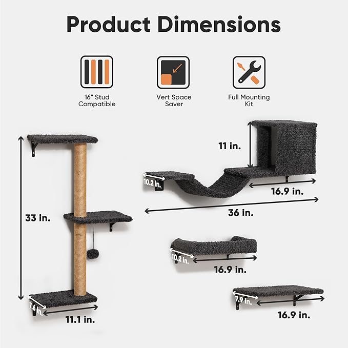 FUKUMARU Cat Wall Shelves, Stable & Safe 4 in 1 Cat Walls Furniture Set, Wooden Kitten Climbing Wall with Scratching Post for 16 Inch Drywall - Gray