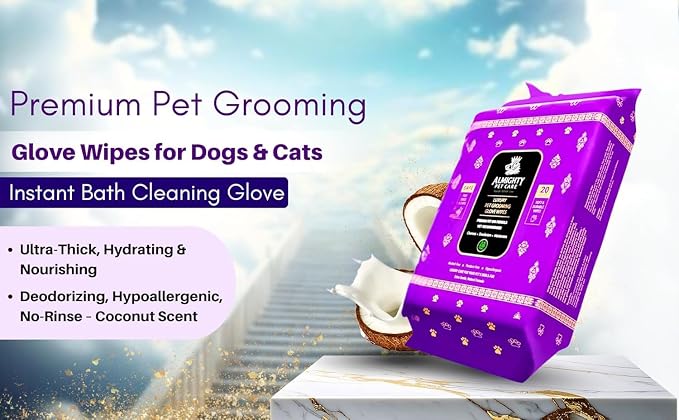 Premium Pet Grooming Glove Wipes for Dogs & Cats, 3X Thick No-Rinse Bathing Gloves, Hypoallergenic Deodorizing Paw & Body Cleaner, Natural Extracts to Hydrate & Nourish, 20 Count, Coconut Scent