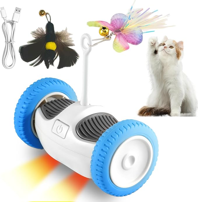 Interactive Cat Toy for Indoor Cats, Smart Toys with 2 PCE Feathers, Automatic Moving Wheels Toys for Kitten, Rechargeable Mouse Cat Toy for Bored Adult Cats