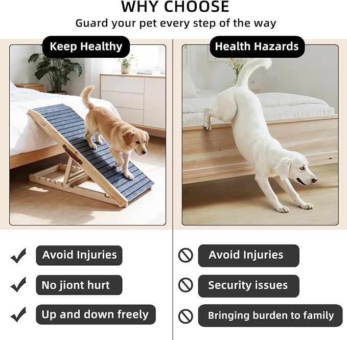 ZJSF Foldable Wooden Dog Ramp for High Bed, Dog Stairs for Small Dogs, High Traction Platform with 5 Adjustable Heights (14"-28"), 47", Supports up to 200 lbs