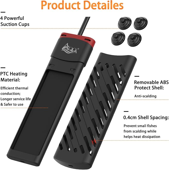 AQQA 800W Aquarium Heater PTC for Fish Tank 80-230 Gallon Submersible Thermostat Adjustable Temp Range 59-94℉ with Intelligent Overheat & Out-of-Water Auto Shut-Off Protection (800W for 80-230Gal)