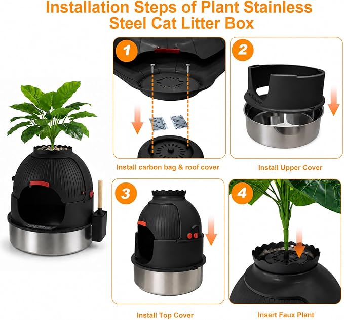 Gimars Hidden Litter Box with Faux Plant, Stainless Steel Litter Box Enclosure, 18.9" L x 18.9" W x 21.7" H Decorative Cat Litter Box Furniture, Odor Control, Easy to Clean