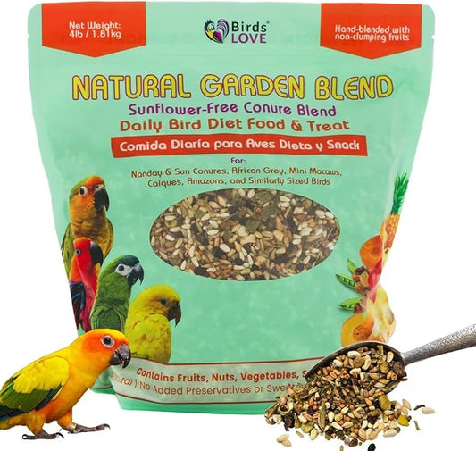 Birds LOVE Natural Garden Blend Conure Food, Sunflower Free Bird Seed Mix with Fruits, Nuts, Vegetables and Seeds, All Natural Daily Diet and Treat, 4 lb