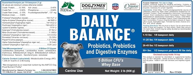 DOGZYMES Daily Balance Canine Supplement by Nature’s Farmacy – Probiotics + Prebiotics + Digestive Enzymes – 5 Billion CFUs – Whey Base – 2 lbs (908 g)