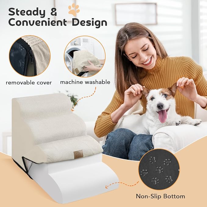 Mestuel Dog Stairs for Small Dogs Cats, Small Pet Stairs Steps, Foam 6-Tier Pet Stairs Steps for Couch Sofa, Dog Ramp Ladder Indoor with Nonslip Bottom &Washable Cover, Beige