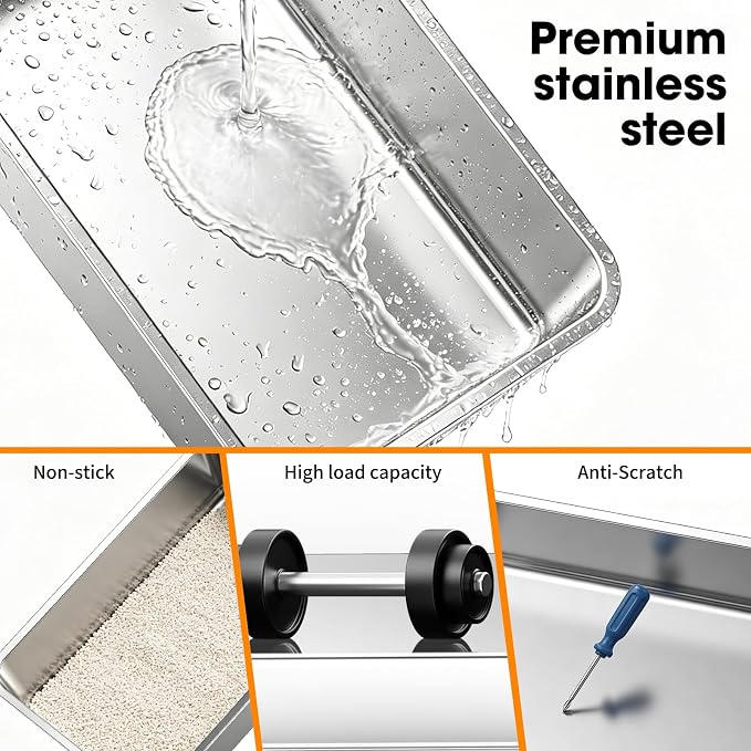 XXXL Stainless Steel Cat Litter Box – Extra Large Open High-Sided Metal Litter Tray, Top Entry Design, Removable Deep Pan for Easy Cleaning, Non-Stick, Anti-Leakage, Black