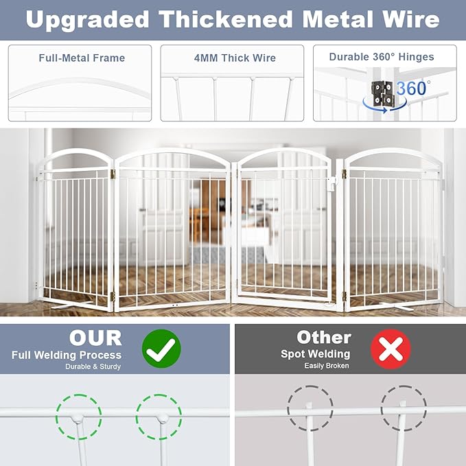 Full Metal Free Standing Dog Gate with Door for Outdoor Indoor,96'' Extra Wide 32'' Tall Dog Gates for Doorways,Large Openings,Decks,Porch,Freestanding Portable Pet Fence(4 Panels,White)