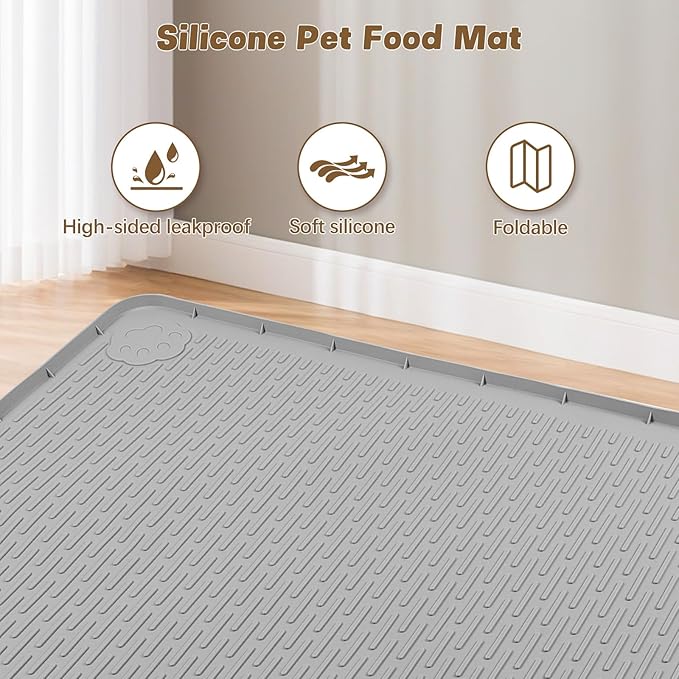 Cat Food Mat, 40" x 28" Cat Litter Mat Extra Large Silicone Pet Feeding Mat with Raised Edge Pet Placemat for Food and Water Bowl Non-Slip, Easy to Clean, Floor Protection (Light Gray)