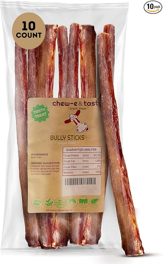 chew-e&tasty 12" Thick Bully Sticks for Dogs (Pack of 10) - Thick Chews for Dogs, Fully Digestible Beef Treats, Supports Dental Health, Long Lasting Beef Chews