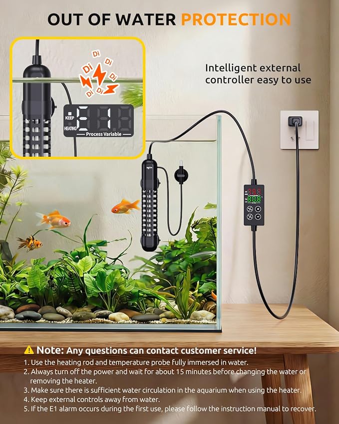 SEAOURA Small Aquarium Heater, 50W Mini Fish Tank Heater 5-10 Gallon, Adjustable Submersible Turtle Betta Heater with External Digital Display Intelligent Safety Protection for Fresh/Saltwater
