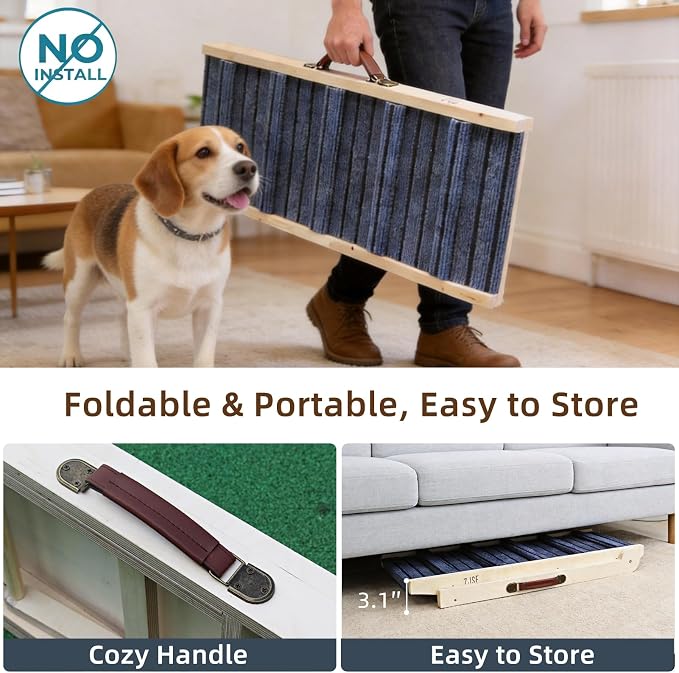 ZJSF Foldable Dog Ramp for High Bed, Wooden Dog Stairs to Bed for Small and Large Dogs, High Traction Platform with 4 Adjustable Heights (14.7"-20"), 32" L, Supports up to 200 lbs