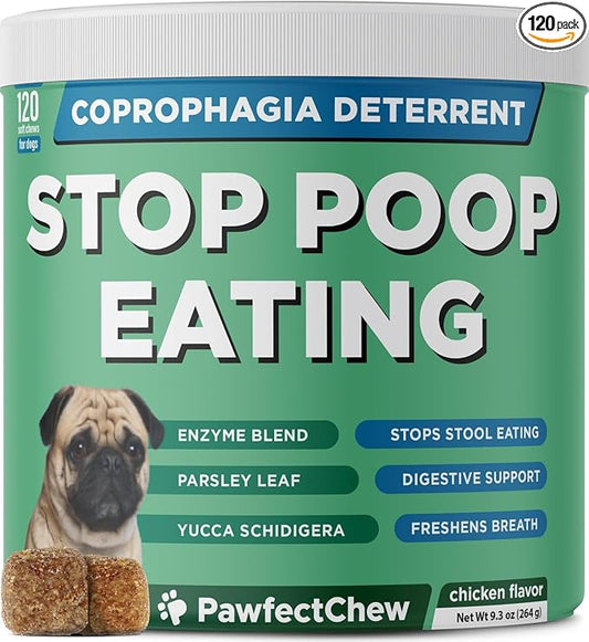 PAWFECTCHEW Coprophagia Deterrent for Dogs & Breath Aid Support - No Poo Chews for Dogs w/Probiotics, Digestive Enzymes Stop Dog Poop Eating - Stool Eating Deterrent - Made in USA