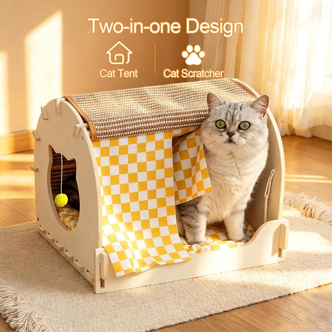 VARMTOR Cat Scratcher House, Cat Cave Wood, Cat Hiding Box Modern Kitten Bed with Scratch Pad and Fluffy Ball, Wooden Frame with Cushion and Curtains (M, Semicircle)