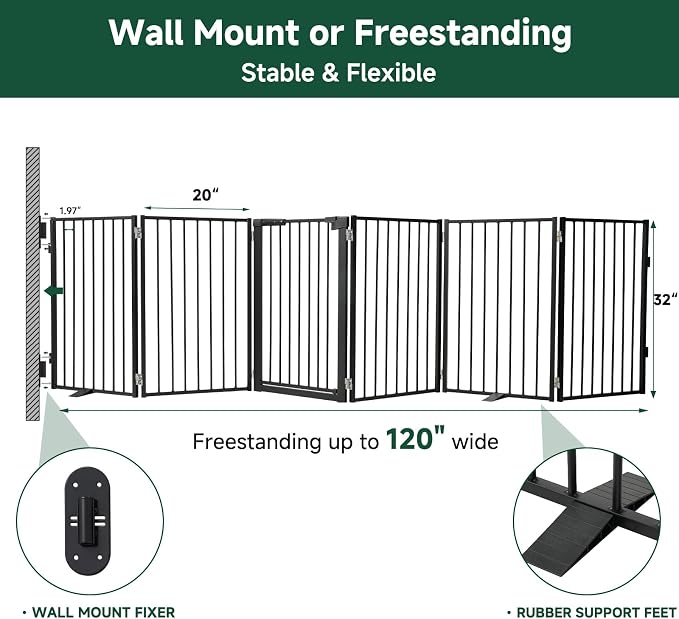 Snagle Paw Full Metal Freestanding Dog Gate with Door, 120” W x 32” H Pet Gate with Support Feet for Doorways, Stairs and Hallways, Portable Dog Fence for Indoor Use (32" 6 Panel, Black)