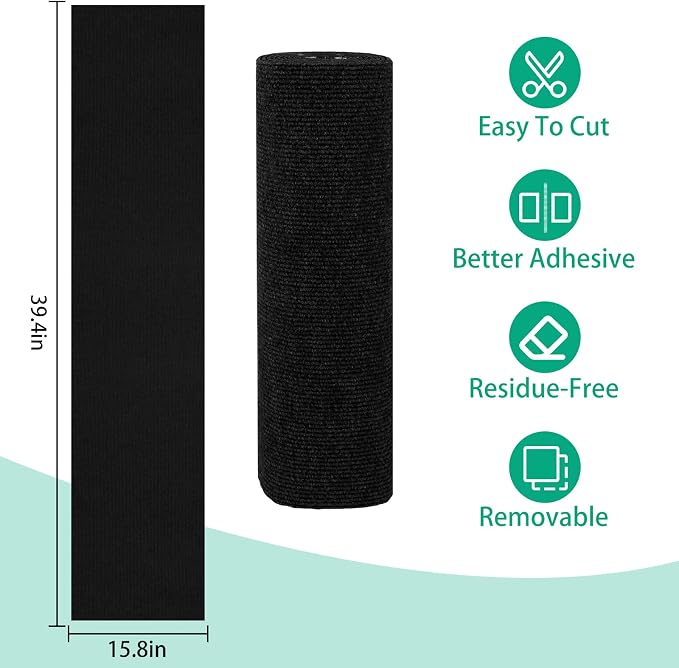 Trimmable Cat Scratcher Mat, Self-Adhesive Cat Scratching Carpet Pad Replacement for Cat Tree Shelves, Cat Steps and Posts, DIY Cat Scratch Couch Furniture Protector (Black, 39.4"x15.8")