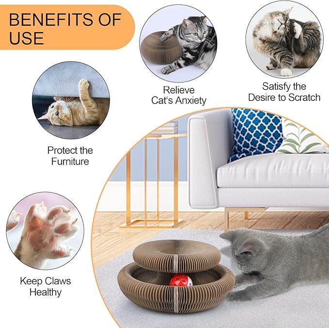 Simple Deluxe Interactive Scratch Toys with a Ball, Foldable Recyclable Magic Organ Cat Scratching Board, Cat Scratcher for Exercise & Anxiety Relief, Brown