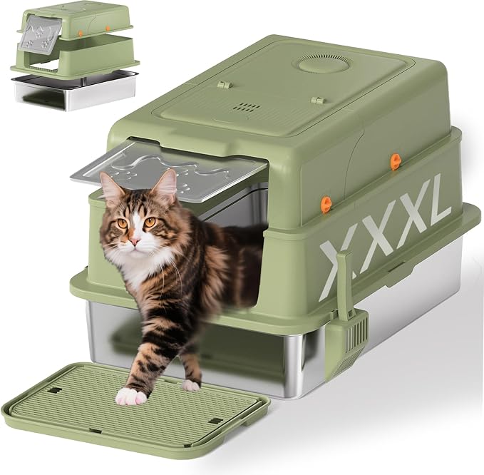 Homegroove XXXL Stainless Steel Litter Box with Lid, 28''x20''x18'' Extra Large Cat Litter Box with Litter Scoop & Pedal, Enclosed Metal Cat Litter Pan for Large & Multi-Cats, Anti-Leakage (Green)