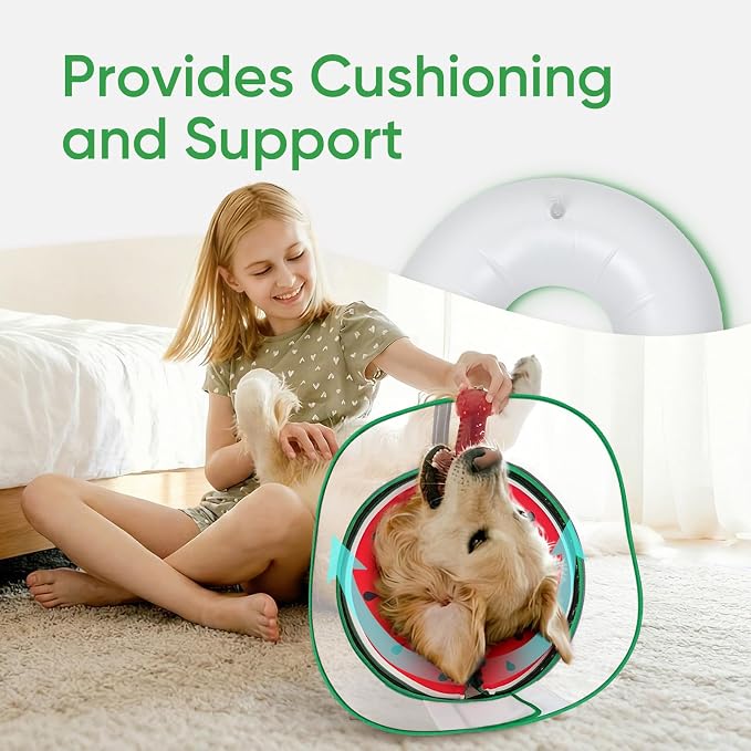 Supet Raised Inflatable Dog Cone After Surgery - Adjustable Recovery Donut Collar with Removable Shield to Stop Licking Wounds & Protect Stitches - Soft Dog Cone Alternative for Dogs (Watermelon,S)