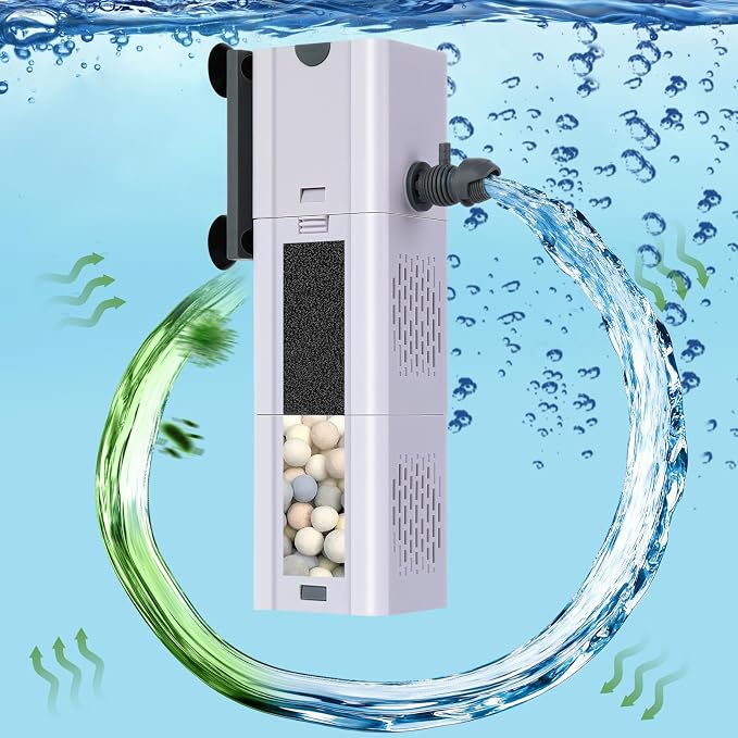 265 GPH 4-in-1 aquarium filter, 20-80 gallon fish tank filters Filtration and Oxygenation, filter for fish tank with biochemical cotton, ceramic beads, Multi-functional turtle tank filter(15 W)