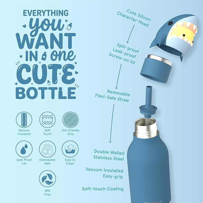 Asobu Bestie Bottle Limited Edition Collectible Kids Water Bottle with Animal Character Lid 16oz (460ml) Insulated Stainless Steel, Leakproof, Reusable with Straw Fun Gift for Girls & Boys
