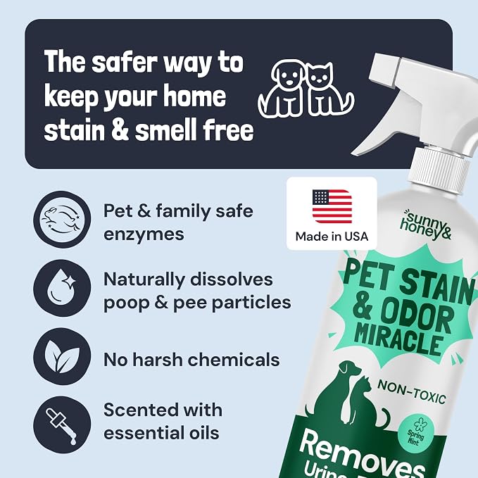 Sunny & Honey Pet Stain and Odor Remover - Enzyme Cleaner for Dog Urine and Poop on Carpets and Furniture - Strong Pet Carpet Cleaner Spray (32fl oz Mint)
