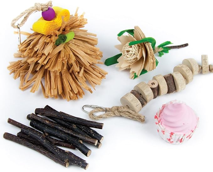 Prevue Pet Products Blockbuster Small Animal Toy Bundle - Natural Chew Toy Enrichment Set with Raffia & Mineral Block, Cage Accessories for Guinea Pigs, Rabbits, Hamsters, Gerbils, Rats & Chinchillas
