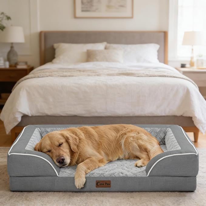 Orthopedic Dog Beds for Extra Large Sized Dogs 45x35 Inch, XL Waterproof Egg Crate Foam Dog Sofa Bed with Removable Washable Cover Big Pet Couch with Bolster & Non-Slip Bottom, Grey