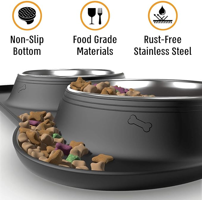 Active Pets Dog Bowl Set, Stainless Steel No Spill Mess-Proof Food & Water Food Bowls with Skid Resistant Silicone Mat, Dog Bowls Small Size Dog, Medium, & Large, Pet Puppy Bowls & Dishes