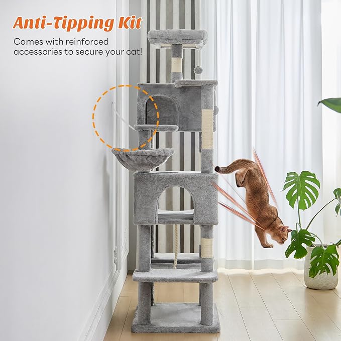 Large Cat Tree 66 Inch, Multi-Level Tall Cat Tree Tower with Condo, Perches, Sisal Scratching Posts and Hammock, Pet Play House with Dangling Balls for Indoor Cats, Light Grey