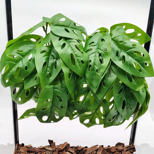 Reptile Plants for Terrarium Decor, Amphibian Habitat Decor, Reptile Tank Accessories, Artificial Hanging Plants with Suction Cup-2 Packs (Swiss Cheese)