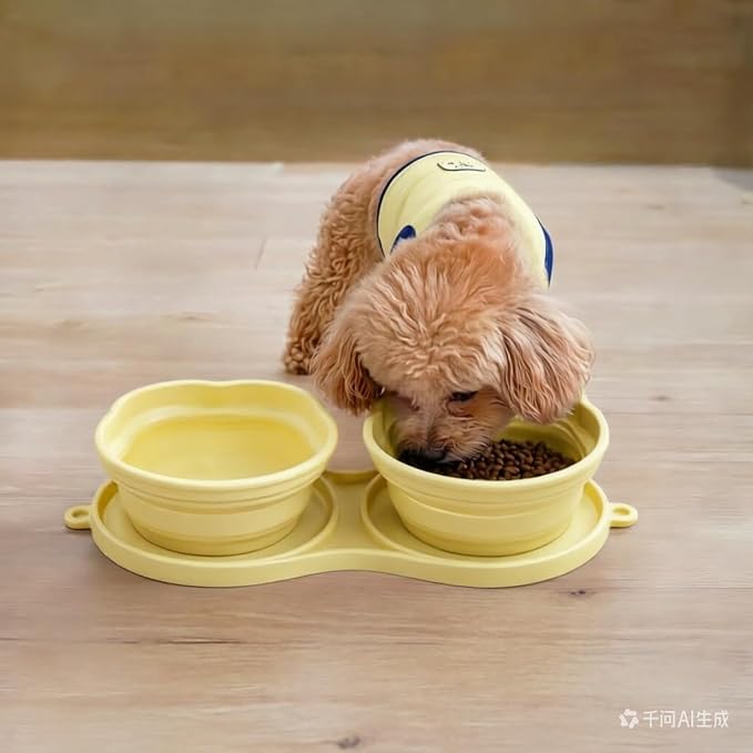 Portable Collapsible Dog Bowl, 2-in-1 Foldable Pet Feeding & Water Dish with Carabiner Lightweight Travel Bowl for Dogs & Cats, Perfect for Walking, Hiking, Camping (Yellow)