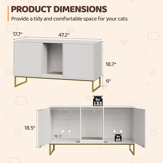 Kitty Litter Box Enclosure for 2 Cats, Small Hidden Cat Litter Box Furniture with Scratch Pad, Modern Fluted Double Litterbox Cabinet TV Stand for Kittens, White