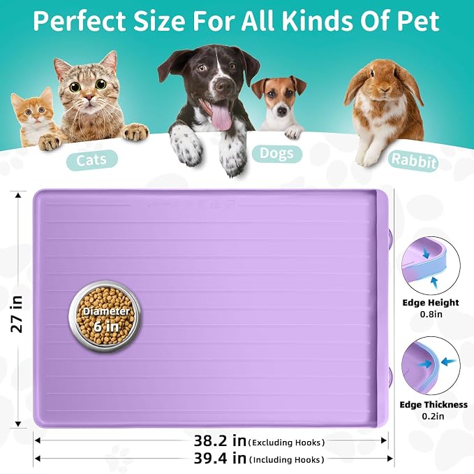 Dog Mat for Food and Water - 39.4" x 27" Large Pet Feeding Mats with Residue Collection Pocket - Waterproof Dog Cat Bowl Mat with High Edges to Prevent Water and Food Spills (Purple, 39.4''x27'')