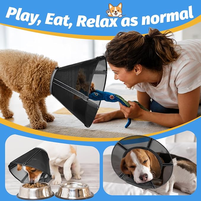Dog Cone Collar to Stop Licking: Soft Mesh Recovery Collar After Surgery with Detachable Pad, Elizabeth Cone Alternative for Large Medium, Small Dogs, Normal Eating and Drinking,XL,Matte Black