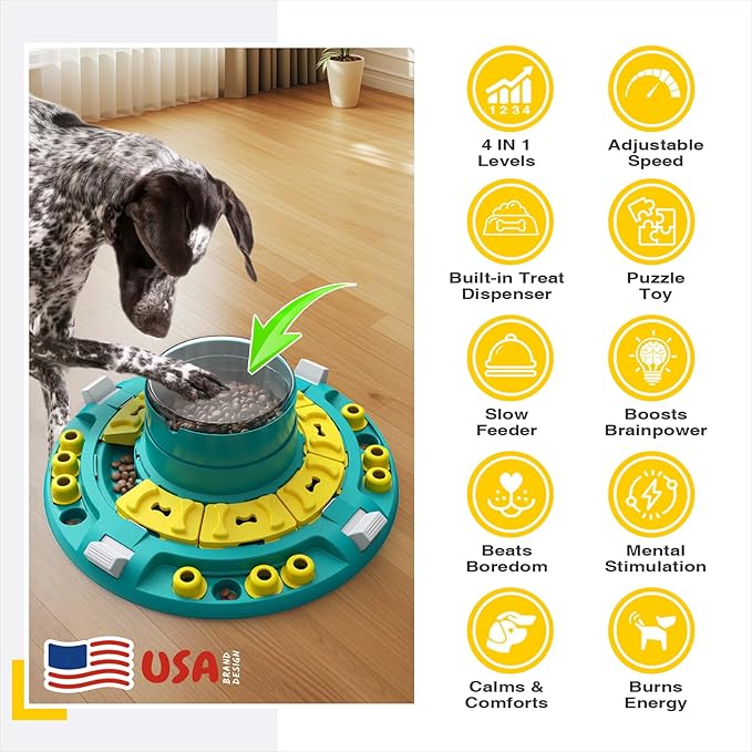 KADTC XL, 4 Levels in 1, Dog Puzzle Toy, Mental Stimulation & Slow Feeder | Push-to-release 16.6 oz feeder with 6 adjustable channels controls pace, challenge, and playtime for smart dogs.
