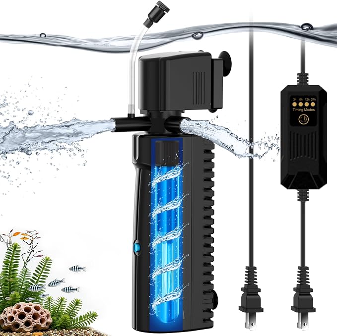 Aquarium U-V Filter for Green Water, Fish Tank Filter with U-V Light & Timer, Turtle Tank Filter with Dual Outlet & Aeration, for 20-70 Gallon Freshwater & Saltwater