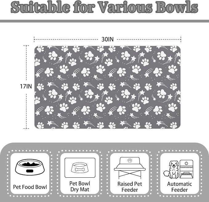 Dog Food Mat 17x30 Inch Pet Feeding Absorbent Mats for Floor Dog Cat Water Bowl Placemat Non-Slip Washable Pet Food and Water Mat