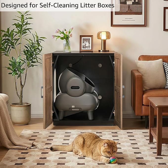 unipaws Extra Large Cat Litter Box Enclosure for Self-Cleaning & Automatic Litter Boxes, Tall Cabinet with Charging Station, Wooden Dog Proof Hidden Cat House for Top Entry Litter Box