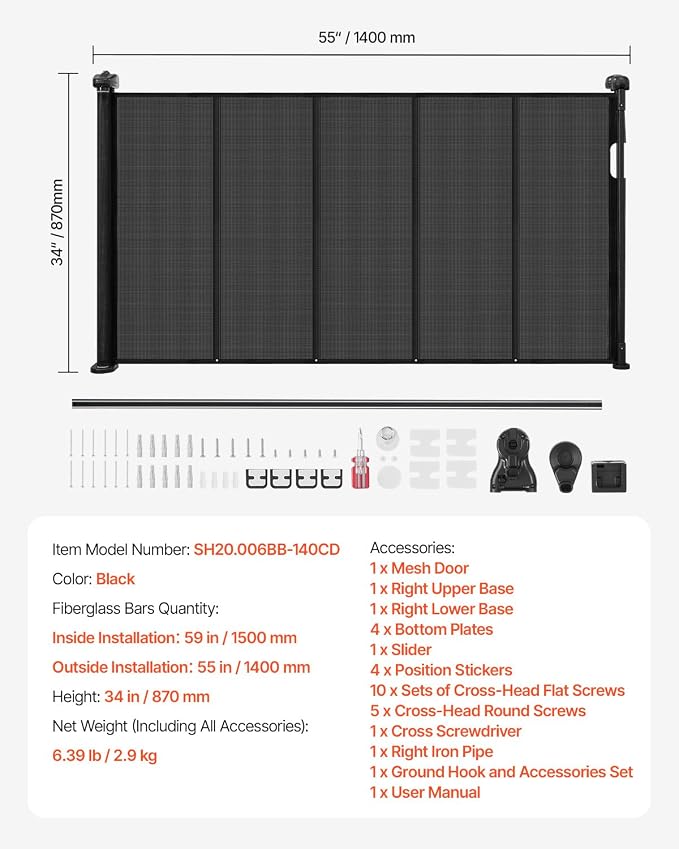VEVOR Retractable Baby Gate, 34 inch Tall, Extends up to 55 inch Wide, Retractable Gate for Kids or Pets, Mesh Material, Easy to Install for Indoor Stairs, Doorways, Hallways, Playrooms, Black