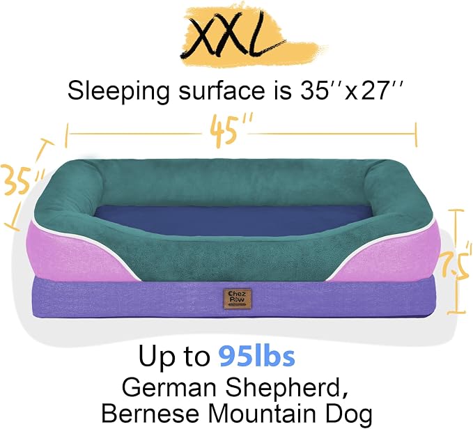 Chez Paw XXL Orthopedic Dog Bed for Extra Large Dogs, Extra Thick Egg-Crate Foam Waterproof Pet Couch with Removable Washable Cover, 4-Sided Bolster & Non-Slip Bottom, Sage Lavender 45"x35"x7.5"