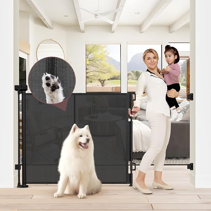 Reinforced 41 Inch Extra Tall Baby Gate 55" Wide Retractable Dog Gate with Support Rods – Prevents Crawling Under, Indoor Extra Tall Dog Gate Retractable Baby Gates Outdoor Retractable Gate, Black