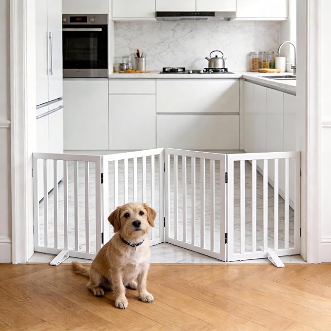 ZJSF Freestanding Indoor Dog Gate for House Foldable Wood White Puppy Gate for Doorways Pet Gate for Stairs Extra Wide Pet Fence 24" Height 4 Panels