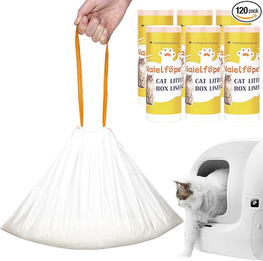 120 Count Cat Litter Box Liner Bags, 21" x 11" Disposable Automatic Cat Litter Waste Bags, Drawstring Heavy Duty Litter Trash Bags Suit for PuraX PuraMax PuraMax2