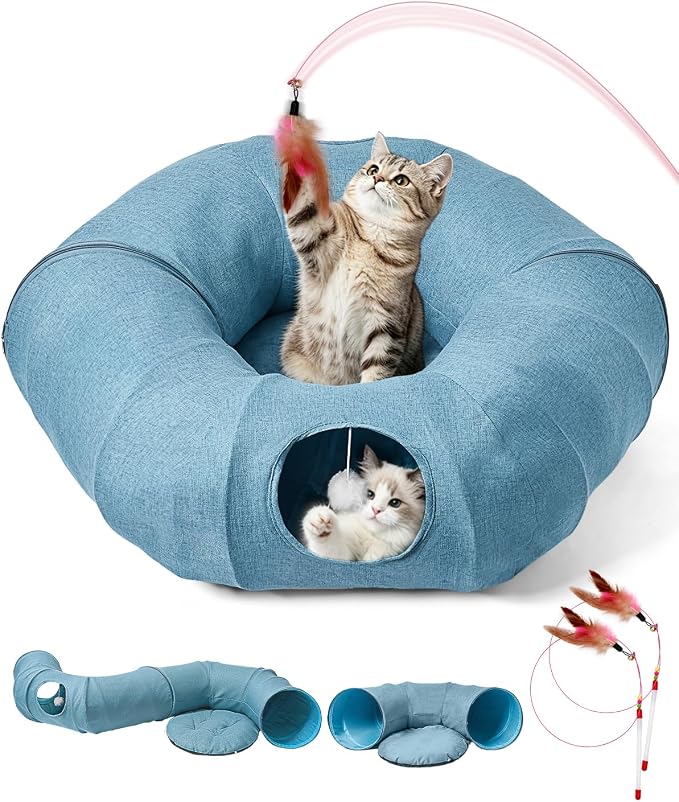 Odoland Linen Cat Tunnels with Central Cat Bed, Interactive Cat Toys Detachable Washable Soft Mat Large Indoor Play Tunnel Cave for Kittens, Cats and Small Animals