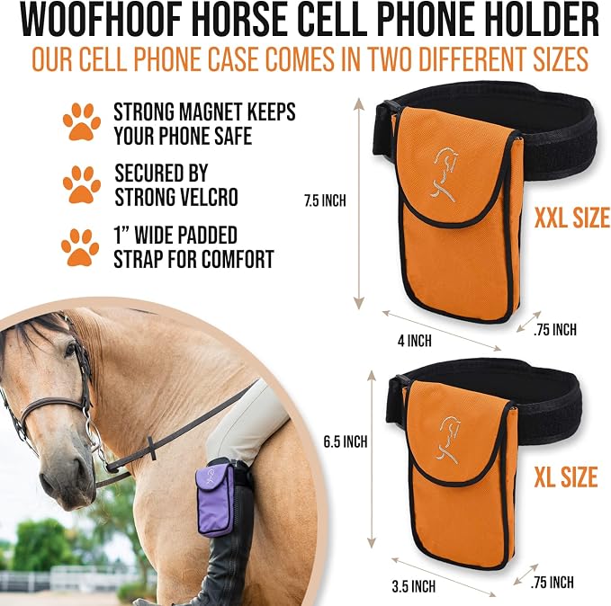 Woofhoof Equestrian Cell Phone Holder, XL Orange On The Calf/Leg Band Holster - Perfect Horse Accessories, Universal Fit, Padded Strap, Magnetic Closure, Made of Durable Nylon, Machine Washable