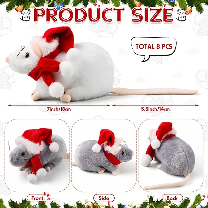 Honoson 8 Pcs Rat Stuffed Animal Mouse Plush Toy 7 Inch Fake Rat Small Stuffed Mice Bulk Cuddly Realistic Plushies for Birthday Christmas Surprise Gifts(Mixed Color,Holiday)