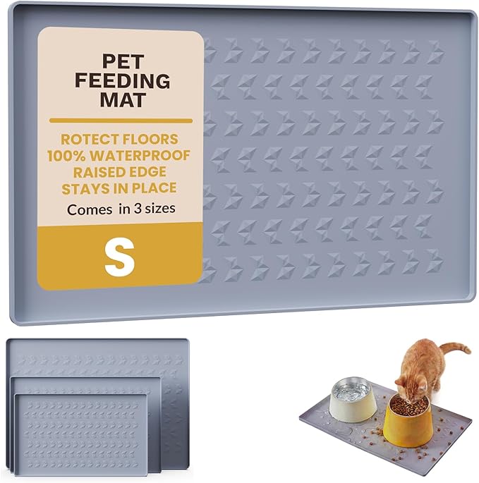 Silicone Pet Feeding Mat - 100% Waterproof Dog & Cat Bowl Pad with Raised Edges - Protects Floors from Messy Eaters & Spills - Anti-Slip, 100% PET-Safe, Dishwasher Safe (Grey 18.5"x11.5")