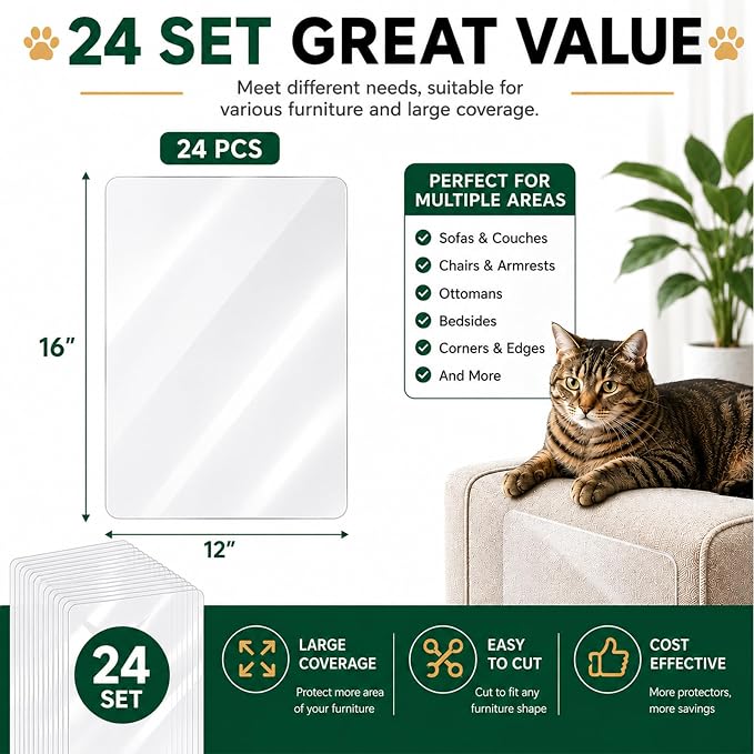 Cat Scratch Furniture Protector for Couch, 24 Pack Clear Couch Protector from Cat Claws, Self Adhesive Anti Scratch Furniture Protectors for Cats, Transparent Couch Corner Protectors, No Residue