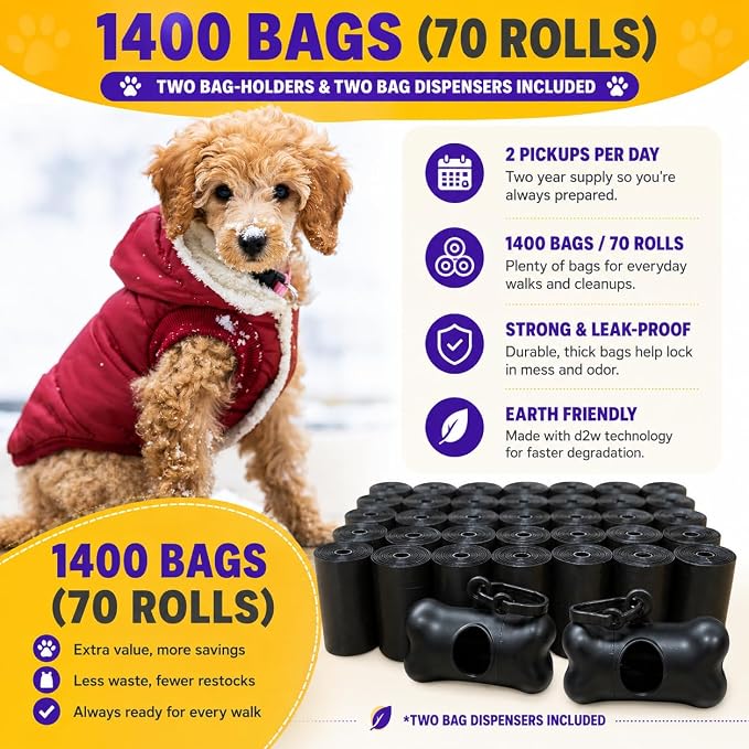 Dog Poop Bags Value Pack (1400 ct.) Extra Thick Strong Doggy Bags Guaranteed Leak-Proof Biodegradable Poop Bags w/Dispenser Eco-friendly Landfill-Degradable Refill Rolls (Black, 70 Rolls, Unscented)