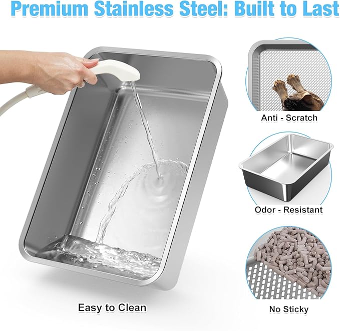 23.6" x 15.7" x 6" Stainless Steel Litter Box with Litter Box Enclosure Splash Guard for Big Cats, Multi-Cats, High Sided Sifting Litter Box for Non-clumping Litter, Easy Cleaning for Long-Lasting